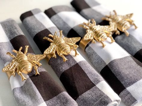 Bee Napkin Rings, Bee Napkins, Classic Plates, Gold Napkin Rings, Cutlery Set Stainless Steel, Metal Napkin Rings, Gold Napkins, William Sonoma, Yellow Bee