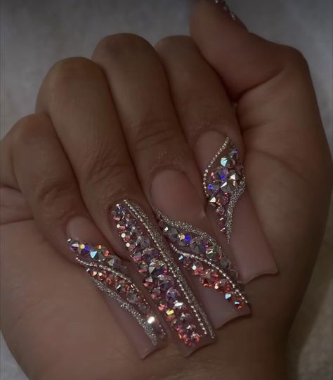 Nails With Lots Of Gems, Birthstone Nail Designs, Red Stone Acrylic Nails, Long Square Acrylic Nails With Jewels, Nail Extension With Stones, Multi Colored Gem Nails, Back To School Nails, Small Pretty Tattoos, Hard Nails