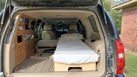 Overland Suv Build Ideas, Camping In A Suburban, Chevy Suburban Camper Conversion, Chevy Equinox Camping, Chevy Tahoe Camping, Suburban Overland Vehicle, Chevy Suburban Camping, Suv Camping Setup, Suburban Camper Conversion