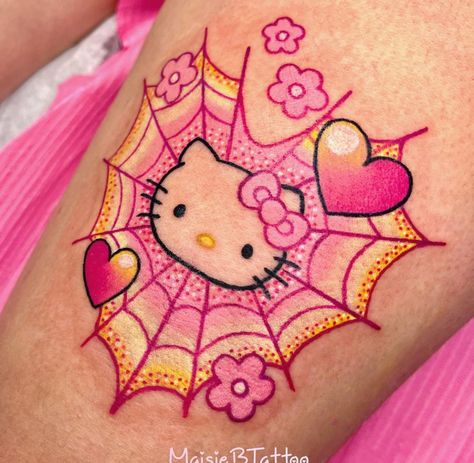 Color Hand Tattoos For Women, Zombie Hello Kitty Tattoo, Hello Kitty Arm Tattoo, Pink And Black Tattoo Ideas, Hello Kitty Traditional Tattoo, Girly Pop Tattoo, Cute Pink Tattoos, Cosmo And Wanda Tattoo, Elmo Tattoo