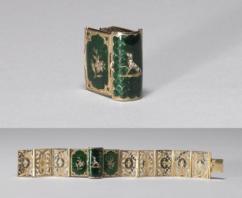 Book bracelet, made in England, c.1840. Book Bracelet, Book Jewelry, Jewel Box, Victorian Jewelry, Green Enamel, Green And White, Bracelet Making, A Book, Antique Jewelry