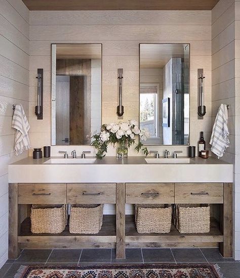 Lake House Bathroom, Rustic Lake Houses, Stylish Bedroom Design, Eclectic Kitchen, Gorgeous Bathroom, Bathroom Countertops, Bathroom Trends, House Remodel, Rustic Bathroom