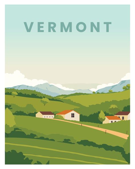 Vermont Travel, Postcards Inspiration, New England Aesthetic, New England Usa, Dorm Wall Art, Travel Postcard, Card Print, Landscape Background, Landscape Illustration