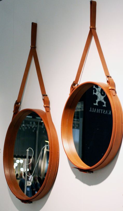 Leather frames Round Mirror Hanging From Leather Strap, Circular Mirror Wood Frame, Bar End Mirrors Motorcycles, Mirrors With Leather Straps, Deco Accessories, Leather Mirror, Wall Mirrors Set, Leather Decor, Leather Frames