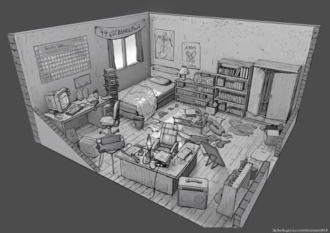 Perspective Room Art, Interior Room Drawing, Room Environment Concept Art, Room Map Design, Tiny Room Drawing, Drawing A Room In Perspective, Room Structure Ideas, Room Perspective Reference, Room Perspective Drawing Interior Design