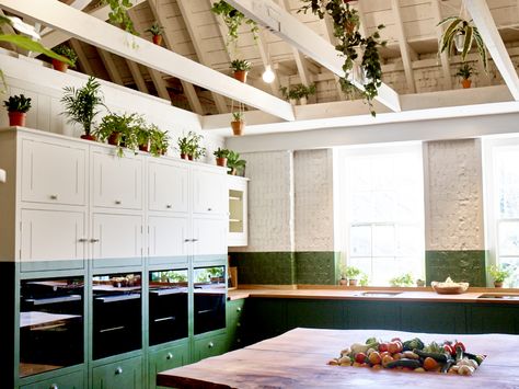 B&H Kitchen, Bourne and Hollingsworth, British Standard, two-tone kitchen | Remodelista Cooking School Interior, Cooking School Design, British Standard Kitchen, Baking Space, Clerkenwell London, Workshop Kitchen, Reno Kitchen, Kitchen Classroom, Tongue And Groove Panelling