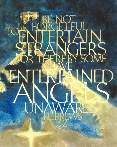 This beautifully designed calligraphic print creates the mystery of God's presence in our everyday busy life.  Being kindly present in every moment keeps our mind on being attentive to miracles and messengers.  There are angels in our midst who bless us and we are often unaware.  Be not forgetful to entertain strangers for thereby some have entertained angels unaware Hebrews 13:2.   The deep indigo contrasts the Golden yellow letters and lightens as the shadow of the stranger casts the out line of an angel with only the star behind the figure to hint at this special appearance. The print comes in either 6 (5x7) cards with envelopes, or a print (8x10, 11x14, or custom sized). Great as a thank you card to a visitor, whether in your home or at your place of business or in a place of worship o Entertaining Angels, Yellow Letters, Christian Fall, Hebrews 13, God's Presence, Powerful Bible Verses, The Stranger, Deep Indigo, Light Of The World