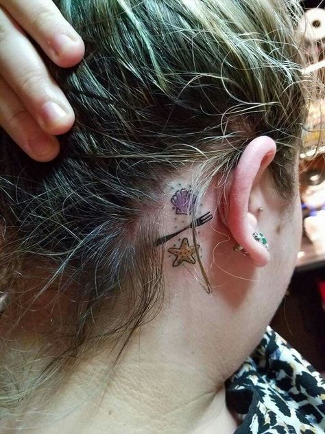 Mermaid Tattoo Behind Ear, Behind The Ear Seashell Tattoo, Mermaid Tiny Tattoo, Tiny Tattoos Mermaid, Tiny Mermaid Tail Tattoo, Starfish Tattoo, Seashell Tattoos, Ocean Tattoos, Beach Tattoo