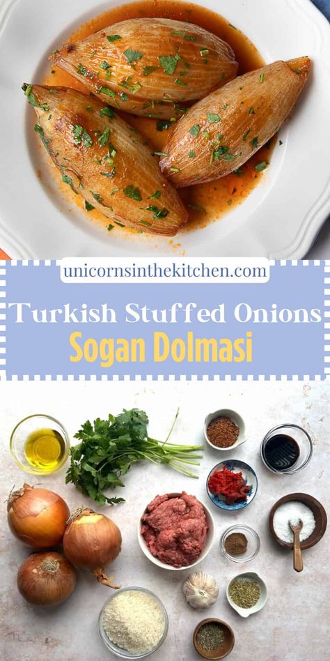 Turkish Stuffed Onions (Soğan Dolması) Stuffed Onions, Turkish Vegetables, Stuffed Vegetables, Yummy Dishes, Doner Kebab, Kebab Recipes, Lebanese Recipes, Onion Recipes, Mediterranean Dishes