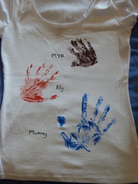 Handprint T-shirt. Hand Print Shirt, Cousin Sleepover, Handprint Shirt, Friendship Paintings, Hand Printed Shirt, Family Hand Prints, Cousin Camp, Families Hands, Tshirt Painting