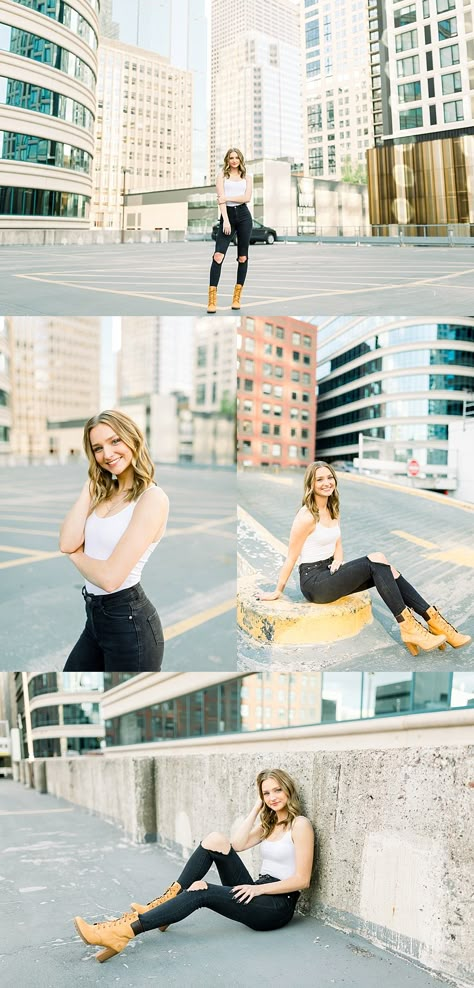 Action Jacquelyn, Girls Outfit Ideas, Hamstring Stretches, Senior Photo Inspiration, Photo Location Ideas, Urban Senior Pictures, Splits Stretches, Senior Pictures Downtown, Rooftop Photoshoot