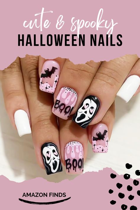 Nail Designs Simple Pink, Halloween Nails Ghostface, Black Pink Halloween, Pink Halloween Nails, Nails For Halloween, Scream Nails, Bat Nails, Horror Nails, Chic Nail Designs