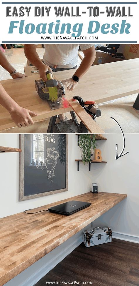 Countertop Office Desk, Diy Wall Desk Ideas, Floating Wall Table, Diy Desk Butcher Block, Whole Wall Desk, How To Make A Floating Desk, Diy Floating Countertop, Floating Butcher Block Desk, Diy Floating Desk Wall Mount