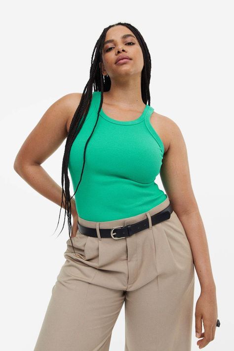 30 Plus-Size Friendly Spring Clothing Options From H&M | Who What Wear Simple Blouses, Fitted Vest, Transitional Dressing, H&m Fashion, Fitted Tank Top, Corset Style Tops, Rib Knit Top, Linen Blend Pants, Fun Pants