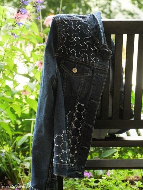 My Finished Sashiko Denim Jacket @FanningSparks | Earth-Friendly Project Roundup – FanningSparks Embroidered Denim Outerwear In Medium Wash, Japanese Denim Jacket, Sashiko Jacket Denim, Embroidered Denim Blue Outerwear, Sashiko Jacket, Vintage Embroidered Denim Blue Outerwear, Book Dress, Diy Wind Chimes, Vintage Bangles