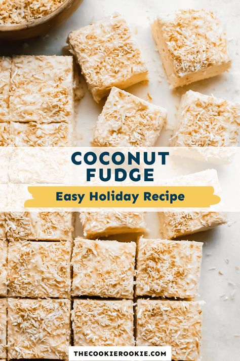 Coconut Fudge is a white chocolate concoction that's made delicious with plenty of toasted coconut! This homemade fudge is oh so rich, creamy, sweet, and easy to make with basic pantry staples. Make some for your next holiday party and watch it disappear like magic! Pina Colada Fudge, Coconut Christmas Treats, Coconut Fudge Recipe Condensed Milk, Coconut Milk Fudge, Coconut Fudge Recipe, White Chocolate Fudge Recipes, Homemade White Chocolate, Coconut Fudge, White Chocolate Coconut