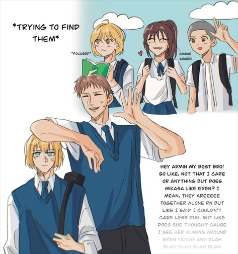 aot highschool au !! Aot Highschool Au, Aot Highschool, Armin Erwin, Highschool Au, Eren Levi, Mikasa Armin, Aot Eren, Levi Mikasa, Atack Ao Titan