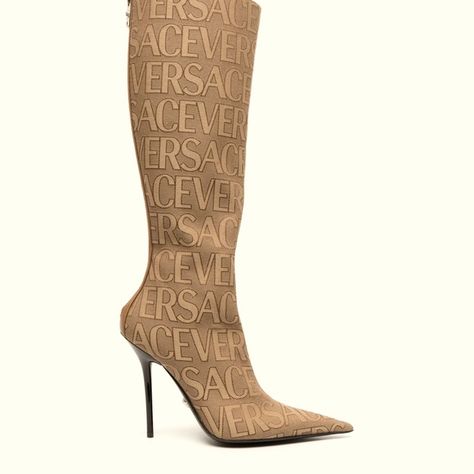 Sz 40 VERSACE Monogram Signature Allover Knee-High Boots Color:Sand Versace Boots, Boots Beige, Versace Logo, Versace Shoes, Medusa Head, Leather Cap, Small Leather Goods, Leather Interior, Brown Boots