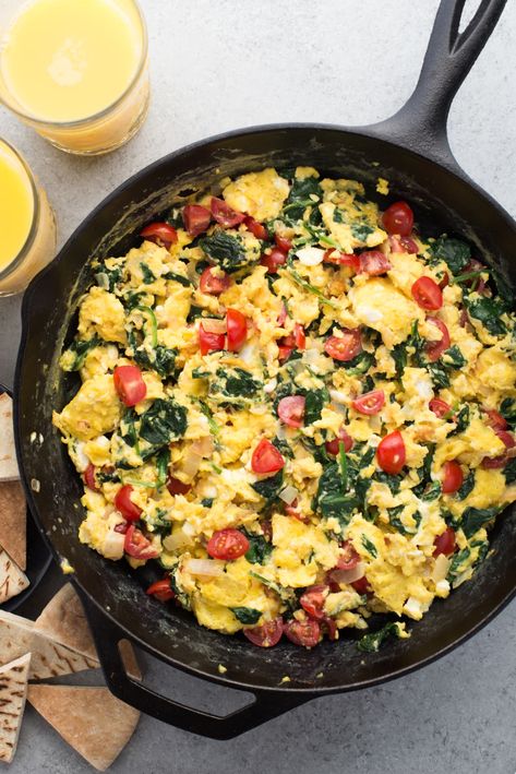 Recipe: Greek Scramble | Kitchn Breakfast Eggs Scrambled, Eggs Toast, Scrambled Eggs With Spinach, Eggs Scrambled, Breakfast Eggs, Spinach Egg, Pan Meals, Pita Chips, Mediterranean Dishes