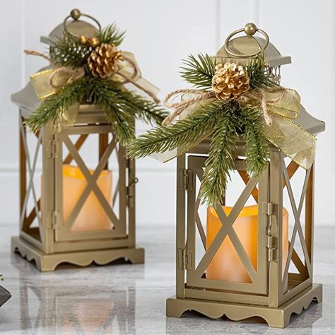 Orchid & Ivy Set of 2 10.5-Inch Gold Metal Christmas Lantern w/ LED Light Candle, Pinecones, Greenery and Bow – Decorative Vintage Metallic Holiday Decoration – Festive Rustic Xmas Winter Home Decor #afflink Lantern Christmas Decor Ideas, Christmas Lanterns Diy, Christmas Lantern Ideas, Xmas Lanterns, Lantern Christmas Decor, Lantern Crafts, Holiday Lanterns, Lantern Christmas, Lantern Ideas