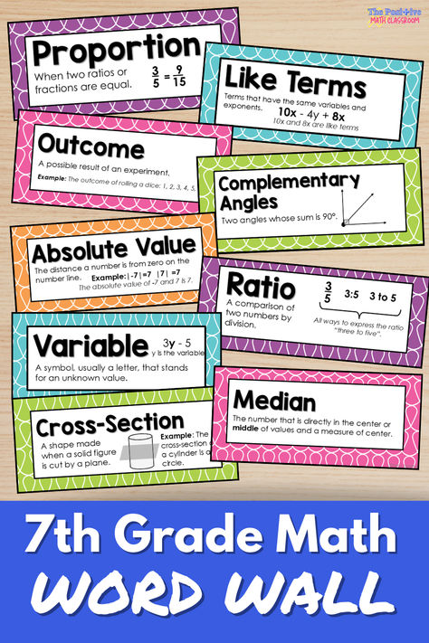 Help your 7th grade math students with important math vocabulary all year long by creating a word wall. Add words as you start each new chapter and students will be able to use the wall as reference for math writing and more. Click to learn more. Math Word Wall Middle School, Year 7 Maths, Math Word Wall, Math Vocabulary Words, Student Reference, Math Expressions, Math Word Walls, Vocabulary Word Walls, Math Writing