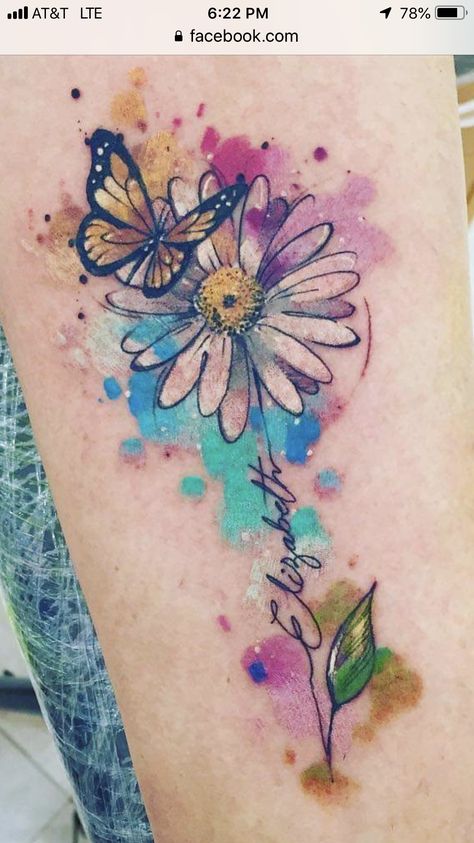 Daisy Foot Tattoos For Women, Unique Ankle Tattoos For Women, Butterfly Daisy Tattoo, Watercolor Tattoo For Women, Daisy And Butterfly Tattoo, Watercolor Tattoo For Women Unique, Watercolour Flower Tattoo, Watercolour Tattoo, Colorful Tattoos For Women