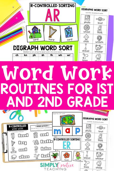 Unlock the secret to engaging word work activities with these teaching tips! Whether during literacy centers, guided reading, whole group instruction, or spelling practice, word work activities give students time to practice important phonics skills. Learn about these 3 essential routines to add to word work in your classroom to keep your first and 2nd grade students engaged. Your students will love these fun interactive activities. Plus, get a FREE word work starter kit! Read more here! First Grade Words, Digraph Words, Word Work Centers, 2nd Grade Writing, Spelling Practice, Phonics Instruction, Elementary Writing, Word Work Activities, Phonics Words