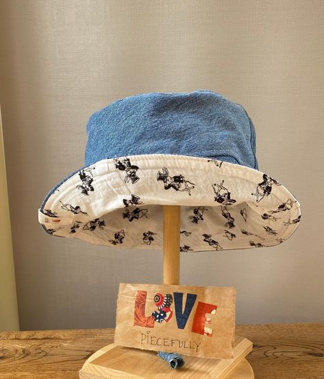 Bucket Hat, faded denim patchwork with rabbit in a top hat print on the reverse side.  Black rabbit on white background. Unique Bucket Hat, Handmade Playful Bucket Hat, Handmade Vintage Bucket Hat, Upcycled Bucket Hat, Trendy Adjustable Denim Bucket Hat, Bucket Hat Inspo, Indie Bucket Hat, Bucket Hat Aesthetic, Bucket Hat Looks