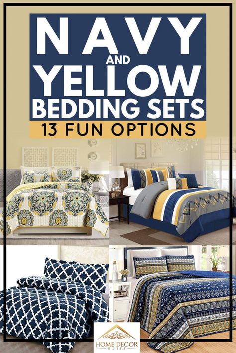 Navy And Yellow Bedding Sets [13 Fun Options!]. Article by HomeDecorBliss.com #HomeDecorBliss #HDB #home #decor Navy Yellow Bedrooms, Modern Yellow Bedroom, Blue And Yellow Bedding, Blue Yellow Bedrooms, Yellow Gray Bedroom, Yellow Bedding Sets, Navy Blue Bedding, Yellow Bedspread, Yellow Comforter