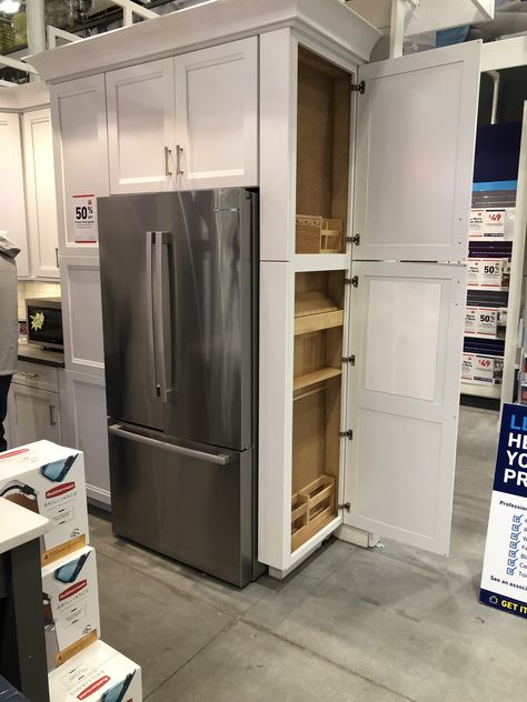 Island Off Wall Kitchen, Food Storage In Cabinets, Tall Cabinet Beside Fridge, Shelves Around Fridge, Pantry Cabinet Next To Refrigerator, Refrigerator Surround Cabinets, Fridge And Stove On Same Wall, Cabinet By Fridge, Corner Refrigerator Ideas