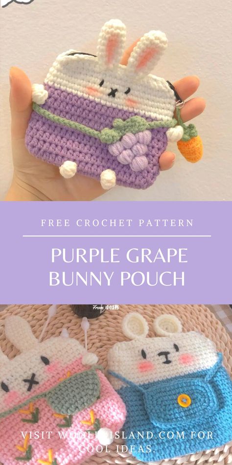 This is a cute purple grape bunny personal pouch that is very easy to make. You can use this as a coin purse or a personal pouch! Amigurumi Coin Purse, Bunny Purse Pattern, Cute Crochet Pouch Free Pattern, Crochet Coin Purse Free Pattern Easy, Crochet Cute Things Easy, Crochet Small Pouch Pattern Free, Personal Pouch Crochet, Pouch Crochet Pattern Free, Purple Crochet Ideas