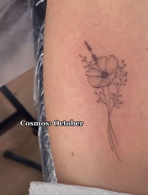 Marigold Flower Tattoo Sternum, Cosmo Flower Butterfly Tattoo, Small Cosmos Tattoos, October Birth Flower Tattoo Fine Line, Tattoos For October Birth Month, October Birth Month Tattoo, Simple Cosmos Flower Tattoo, Small Cosmos Flower Tattoo, Birthflower October Tattoo