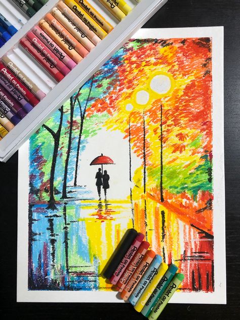 Oil pastel : couple with umbrella walking in rain, colorful trees and street lights Oil Pastel Crayons Drawing, Pastel Colour Painting, Studio Interior Design Ideas, Art Studio Interior Design, Couple With Umbrella, Art Studio Interior, Wax Crayon Art, Season Painting, Crayons Artwork