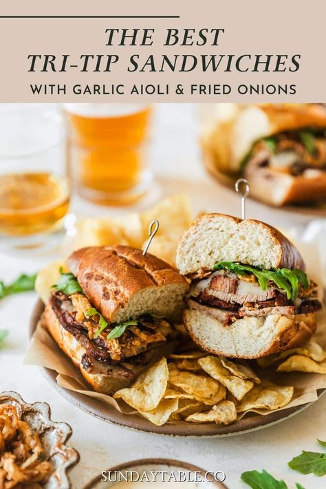 Tri-Tip Sandwiches with Fried Onions & Garlic Aioli Tri Tip Steak Sandwich Recipe, Meals For A Crowd, Tri Tip Sandwich, Smoked Tri Tip, Salad Potato, Steak Sandwich Recipes, Sandwich Sauces, Leftover Steak, Gourmet Sandwiches