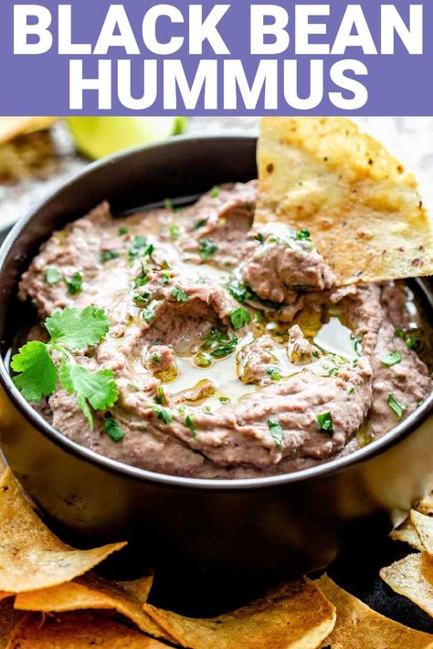 This 10-minute recipe for homemade black bean hummus is a delicious twist on classic hummus. It is made with black beans, lime and cilantro along with traditional hummus ingredients like tahini, garlic and olive oil. It's the best southwest-flavored appetizer, party food, game day dip or snack! Black Bean Hummus Recipe, Vegan Sandwich Filling, Healthy Chicken Fingers, Black Bean Hummus, Turkey Meatballs Healthy, Super Bowl Food Healthy, Easy Hummus Recipe, Hummus Ingredients, Roasted Garlic Hummus