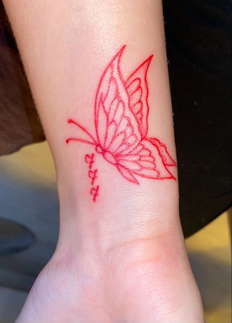 777 tattoo butterfly red ink Red Angel Number, Number 7 Tattoo, 7 Tattoo, Red Angel, Tattoo Butterfly, Number 7, Angel Number, Butterfly Tattoo, Leaf Tattoos