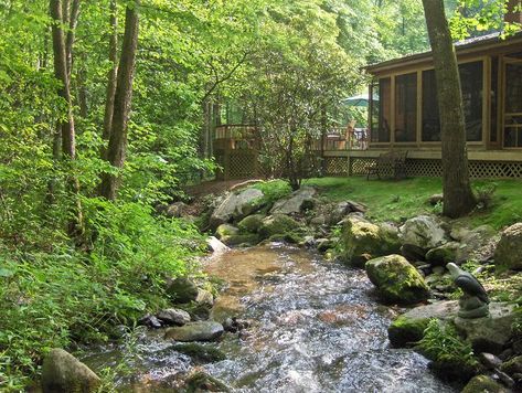 Rushing Waters Cabin Creek Front Property ~ House With Creek, House By Creek, House By A River, Garden Creek, Backyard Sandbox, Rustic Cabins, Creek House, Cabin In The Mountains, Waterfront Cottage