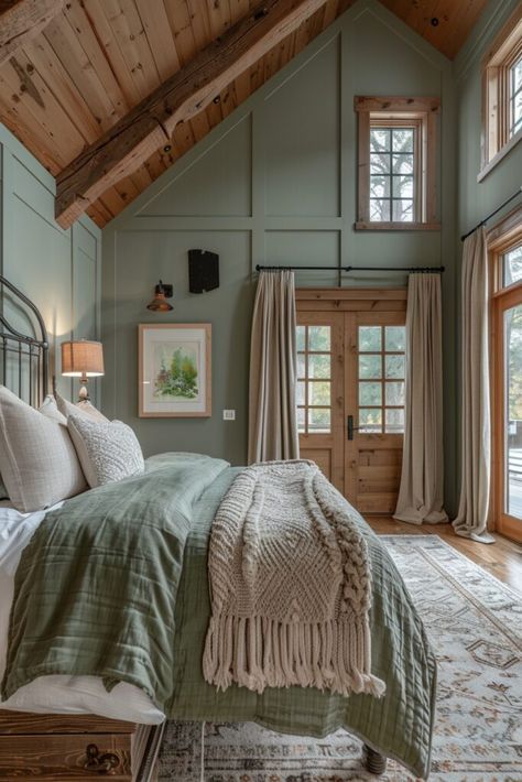 29 Sage Green Farmhouse Bedroom Ideas: Embrace Tranquility and Rustic Charm 3 Sage Green Farmhouse Bedroom, Green Farmhouse Bedroom, Sage Green Farmhouse, Sage Green Accents, Coastal Farmhouse Bedroom, Black Iron Beds, Vaulted Ceiling Bedroom, Green Farmhouse, Distressed Wood Furniture