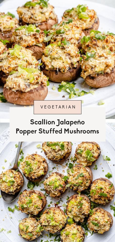 Delicious jalapeño popper stuffed mushrooms baked to perfection for the best holiday appetizer or game day snack! These easy, cheesy jalapeño mushroom bites come together with just a handful of simple ingredients and are guaranteed crowd-pleasers. #stuffedmushrooms #appetizer #vegetarian #holidayrecipe #gameday #vegetarian Vegetarian Game Day Snacks, Vegetarian Game Day Food, Vegetarian Holiday Appetizers, Appetizer Vegetarian, Cheesy Food, Mushroom Bites, Best Holiday Appetizers, Digital Cookbook, Ambitious Kitchen