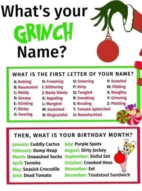 Whoville Party Games, What Is Your Grinch Name, Grinch Name Generator, Christmas Facebook Games Interactive, Grinchmas Party Games, Christmas Interactive Posts Facebook, Grinch Christmas Party Games, Grinchmas Games, Grinch Party Games