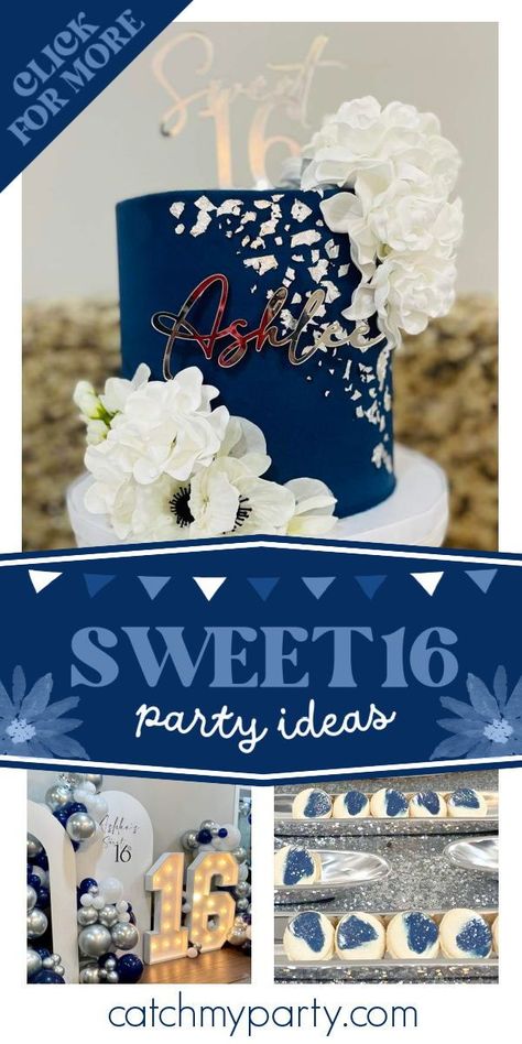 Feast your eyes on this amazing Sweet 16 birthday party! The cake is incredible! See more party ideas and share yours at CatchMyParty.com Sweet 16 Co Ed Party, Sweet Sixteen Party Themes Blue, Sweet Sixteen Party Ideas Themes, Sweet 16 Cake Ideas Blue, Sweet Sixteen Cakes Blue, Sweet 16 Blue Theme, Blue And White Sweet 16 Cake, 16 Party Ideas, Sweet 16 Party Ideas