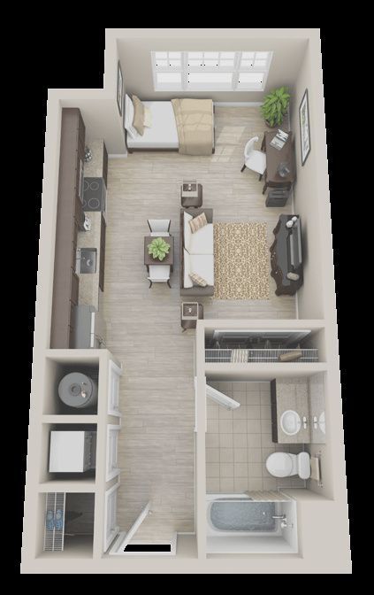 Garage Apartment Interior, Studio Apartment Plan, Small Apartment Layout, Small Apartment Plans, Apartemen Studio, Studio Apartment Floor Plans, Apartment Layouts, Small Studio Apartment Decorating, Tiny Studio Apartments