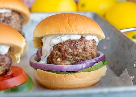 Greek Meatball Sliders with Tzatziki Sauce Fast Easy Supper, Vacation Meal Planning, Slow Cooker Meal, Fried Meatballs, Meatball Sliders, Potato Rolls, Greek Meatballs, Vacation Meals, Potato Roll