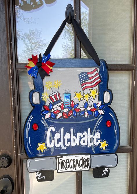 Excited to share this item from my #etsy shop: Patriotic Truck door hanger, Memorial Day door hanger, 4of the july door hanger, Labor Day door hanger, door sign #fireworkdoorhanger #redwhiteandblue #patriotic #doorhanger #summergift #etsymusthave Pick Up Car, Apple Door Hanger, Truck Door Hanger, Rainbow Door, Red White And Boom, Patriotic Door Hanger, Truck Paint, Team Name, Happy 4 Of July