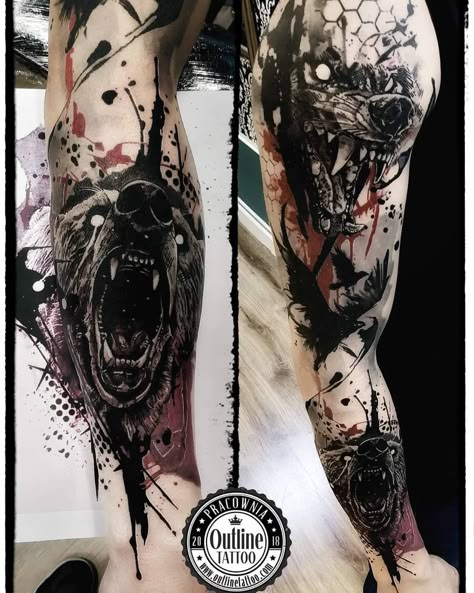 Trash Polka Wolf Tattoo, Angry Wolf Tattoo Design, Angry Tattoos, Trash Polka Wolf, Polka Trash Tattoo, Grizzly Tattoo, Arte Trash Polka, Trash Polka Art, Trash Polka Tattoos