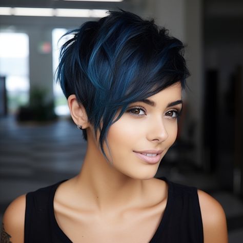 Pixie Bob Haircut Brunette, Black Blue Hair Color Short, Short Blue Black Hair, Black Hair Blue Highlights Short, Blue And Black Hair Short, Black And Blue Hair Short, Pixie Blue Hair, Pixie Haircut Blue Hair, Blue Black Pixie Haircut