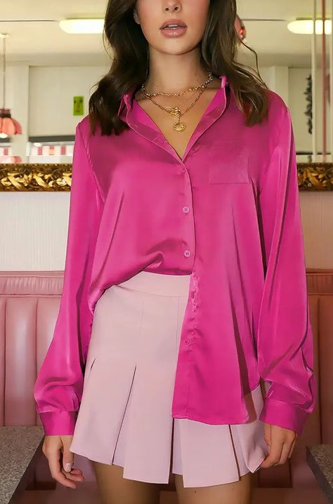 Beige Sandals Heels, Satin Button Down Shirt, Business Dress Shirts, Blouses Casual, Silky Shirt, Silk Tops, Color Fuchsia, Comfy Shirts, Fitted Blouses