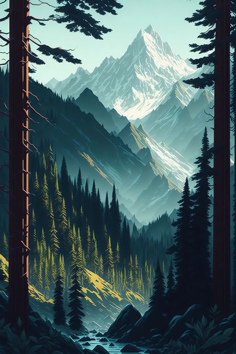 #Forest #MountainScenes #OutdoorAdventures #WildernessExploration #NaturalBeauty #MountainVibes #NaturePhotography #Art Twilight Art, Mother Earth Art, Mountains And Trees, Future Wallpaper, Background Photos, Drawing Wallpaper, Adventure Art, Forest Illustration, Landscape Art Painting