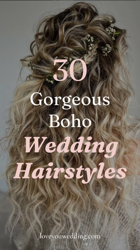 Searching for beautiful boho wedding hairstyle ideas and inspiration? We’ve compiled 30 stunning boho bride hairstyles for long, medium, and short hair. Whether you’re interested in boho hairstyles down, half up, updos, with braids, with veils, or boho bridesmaid hairstyles, we have the best boho wedding beauty inspiration for your wedding day. Hair For Wedding Bride Half Up Half Down, Bridal Hair For Beach Wedding, Boho Hair Styles Wedding, Bridal Boho Hairstyles, Long Hairstyles Boho, Boho Hairstyles For Wedding, Half Up Wedding Hair With Braid, Fairytale Hairstyles Half Up, Wedding Hair No Veil