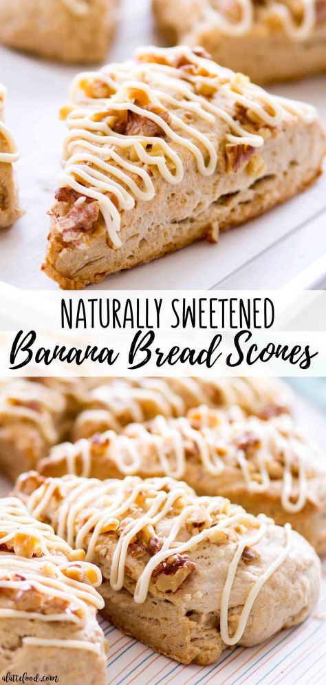 These naturally sweetened Banana Bread Scones are flaky, full of flavor and also topped with a naturally sweetened maple cream cheese frosting! These refined sugar-free scones are sweetened with maple syrup, making this maple banana scone recipe to die for! Banana Strudel, Banana Nut Scones, Hummingbird Bread Recipe, Banana Scones, Breakfast Casserole With Bread, Maple Cream Cheese Frosting, Maple Cream Cheese, Plant Eater, Scones Recipe Easy